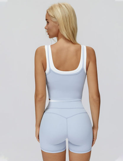 Women 2 Piece Workout Sets Racerback Color Block Tank Top High Waist Tummy Control Shorts Yoga Outfits