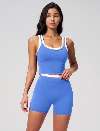 Women 2 Piece Workout Sets Racerback Color Block Tank Top High Waist Tummy Control Shorts Yoga Outfits