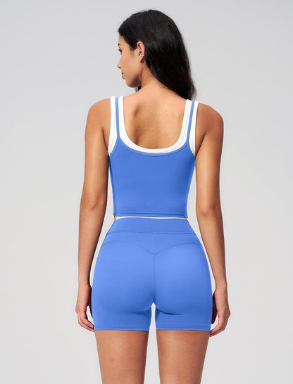 Women 2 Piece Workout Sets Racerback Color Block Tank Top High Waist Tummy Control Shorts Yoga Outfits
