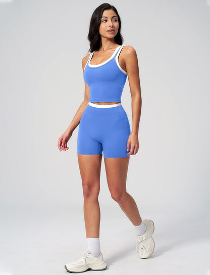 Women 2 Piece Workout Sets Racerback Color Block Tank Top High Waist Tummy Control Shorts Yoga Outfits
