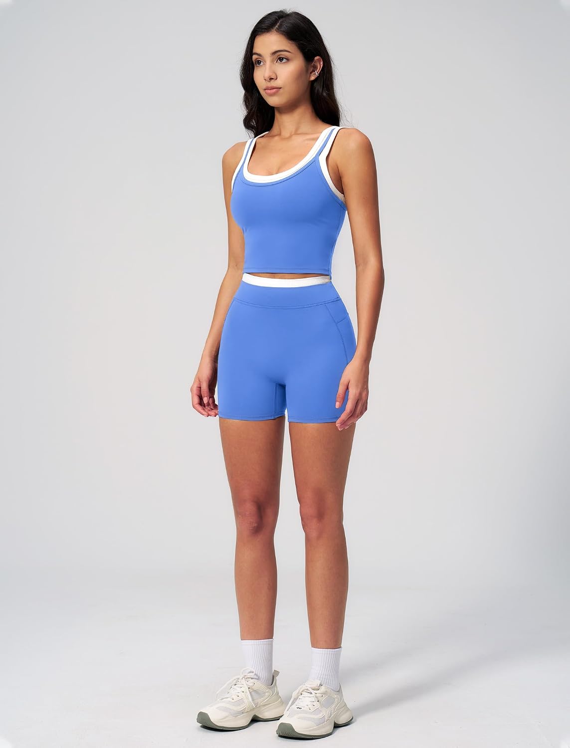 Women 2 Piece Workout Sets Racerback Color Block Tank Top High Waist Tummy Control Shorts Yoga Outfits