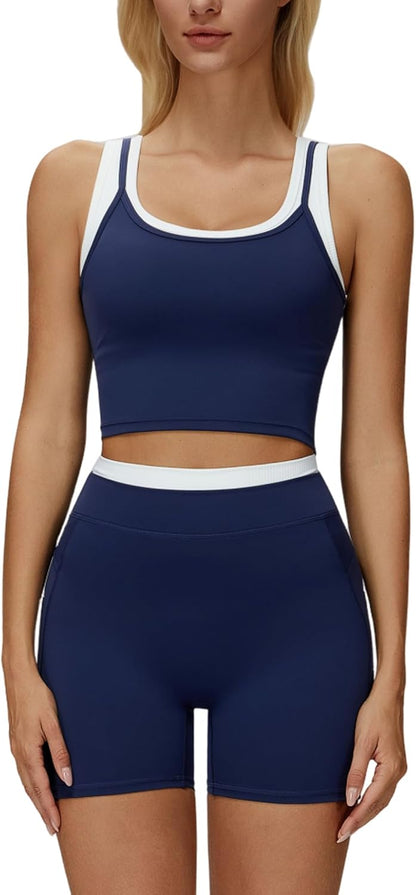 Women 2 Piece Workout Sets Racerback Color Block Tank Top High Waist Tummy Control Shorts Yoga Outfits