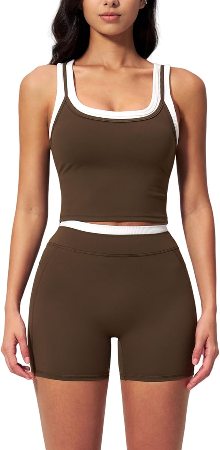 Women 2 Piece Workout Sets Racerback Color Block Tank Top High Waist Tummy Control Shorts Yoga Outfits