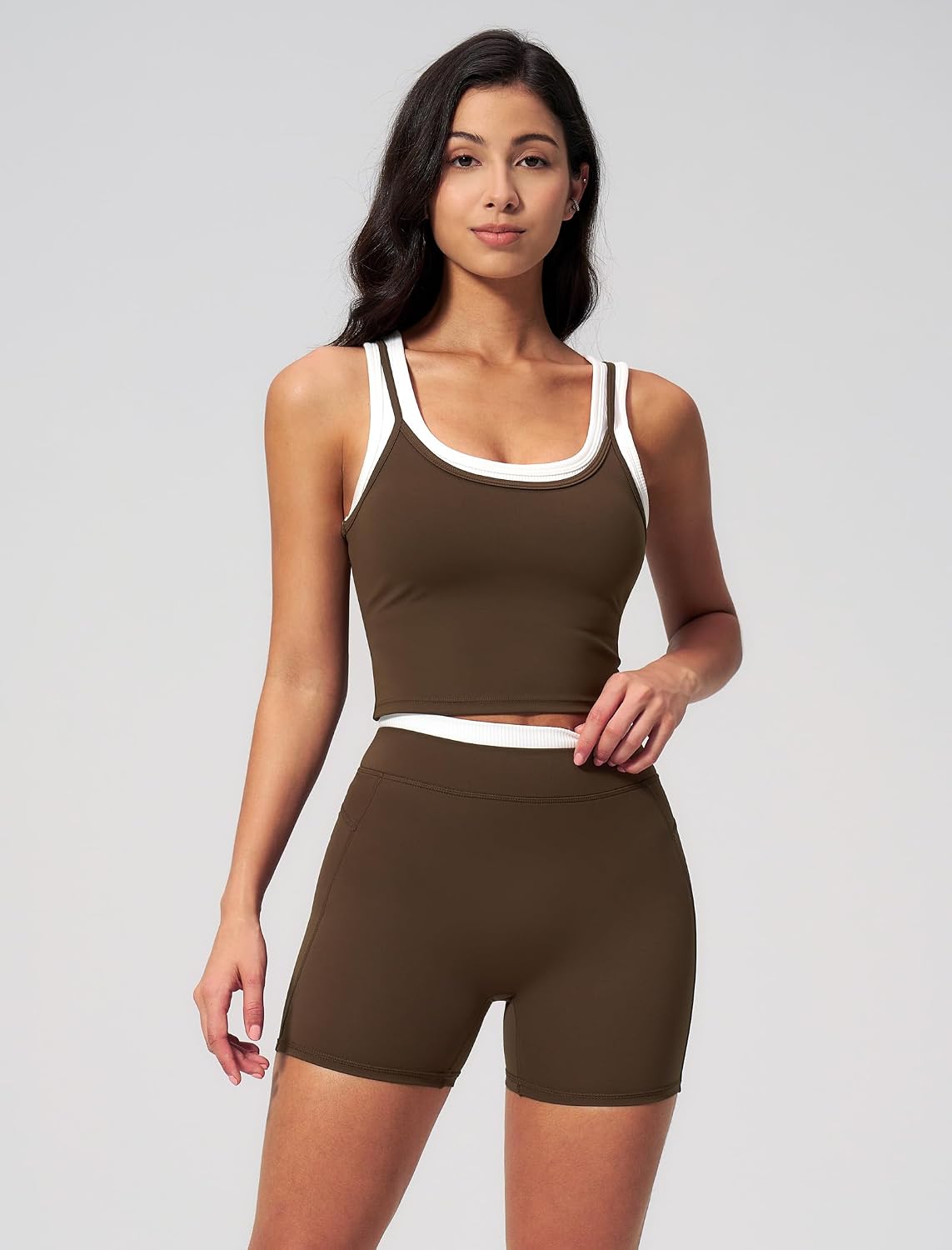 Women 2 Piece Workout Sets Racerback Color Block Tank Top High Waist Tummy Control Shorts Yoga Outfits