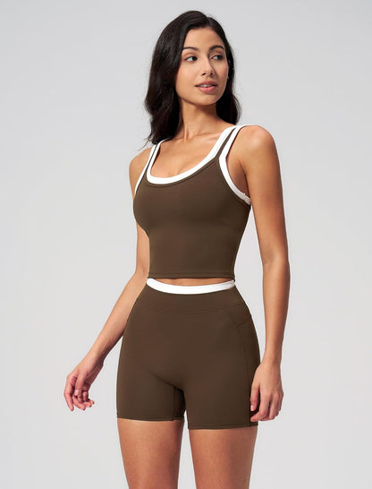 Women 2 Piece Workout Sets Racerback Color Block Tank Top High Waist Tummy Control Shorts Yoga Outfits