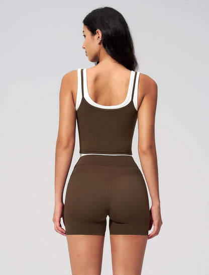 Women 2 Piece Workout Sets Racerback Color Block Tank Top High Waist Tummy Control Shorts Yoga Outfits