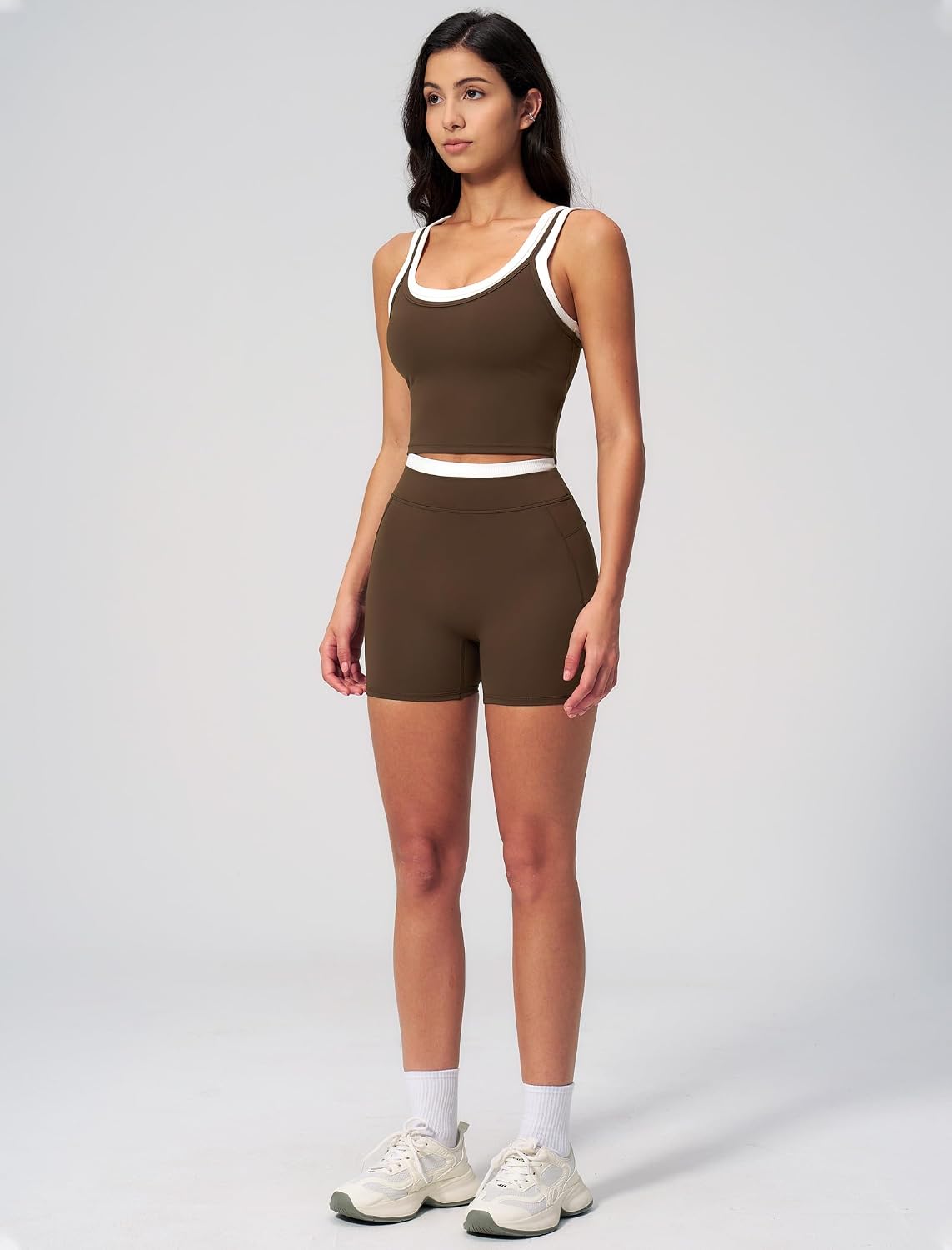 Women 2 Piece Workout Sets Racerback Color Block Tank Top High Waist Tummy Control Shorts Yoga Outfits