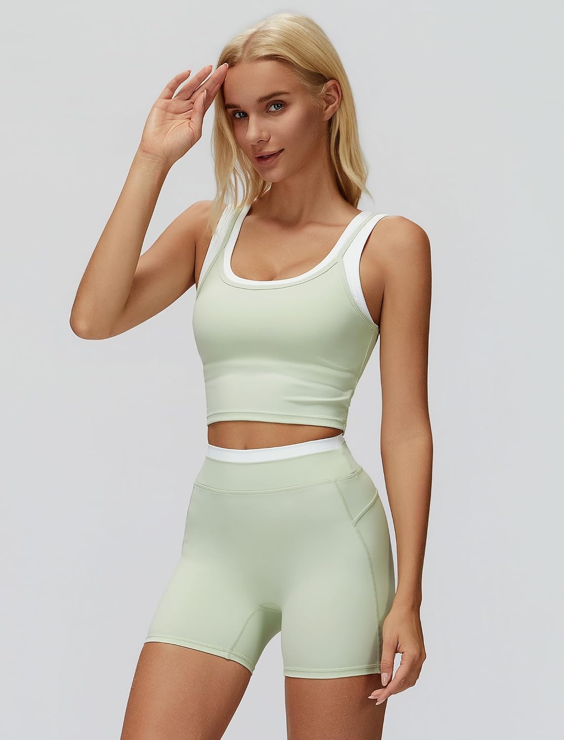 Women 2 Piece Workout Sets Racerback Color Block Tank Top High Waist Tummy Control Shorts Yoga Outfits