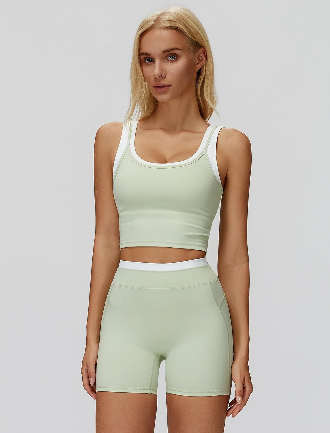 Women 2 Piece Workout Sets Racerback Color Block Tank Top High Waist Tummy Control Shorts Yoga Outfits