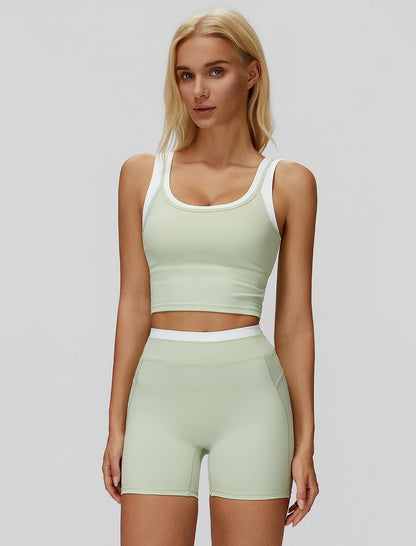 Women 2 Piece Workout Sets Racerback Color Block Tank Top High Waist Tummy Control Shorts Yoga Outfits