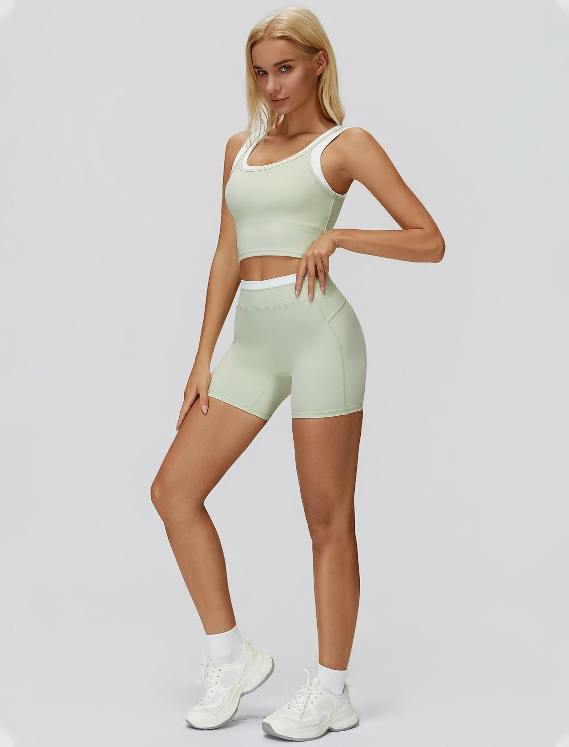 Women 2 Piece Workout Sets Racerback Color Block Tank Top High Waist Tummy Control Shorts Yoga Outfits