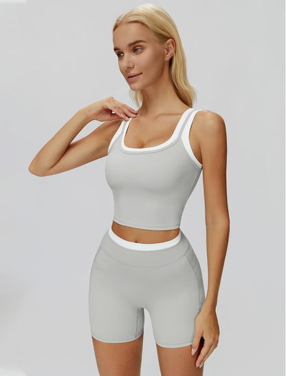 Women 2 Piece Workout Sets Racerback Color Block Tank Top High Waist Tummy Control Shorts Yoga Outfits