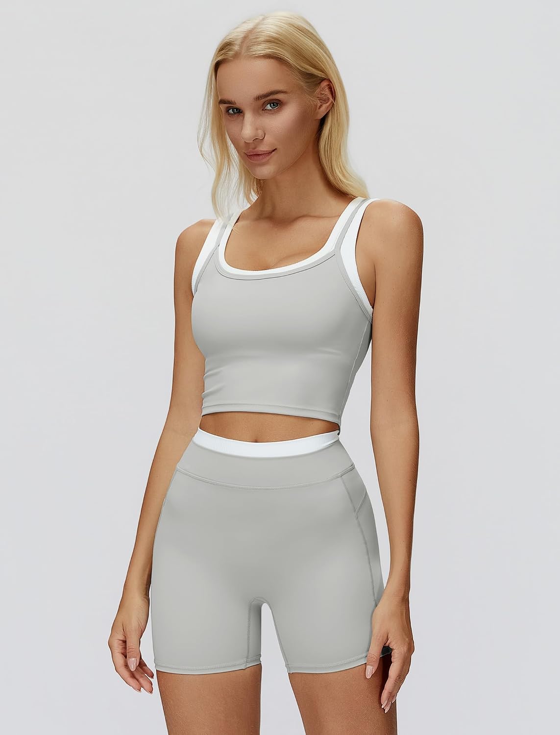 Women 2 Piece Workout Sets Racerback Color Block Tank Top High Waist Tummy Control Shorts Yoga Outfits