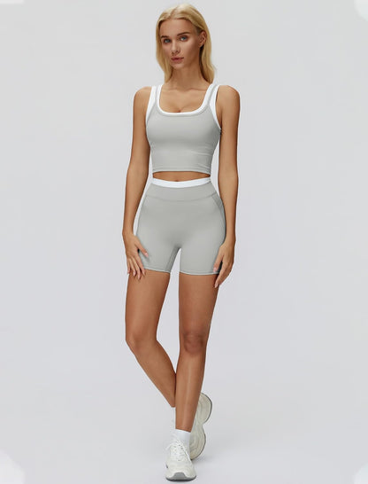 Women 2 Piece Workout Sets Racerback Color Block Tank Top High Waist Tummy Control Shorts Yoga Outfits