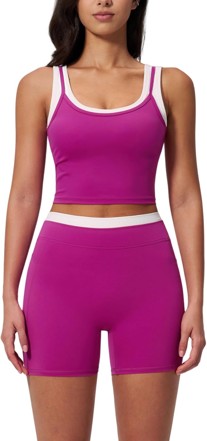 Women 2 Piece Workout Sets Racerback Color Block Tank Top High Waist Tummy Control Shorts Yoga Outfits