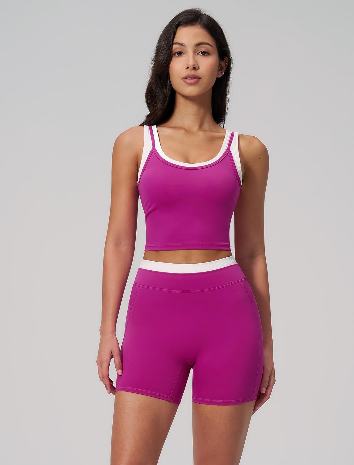 Women 2 Piece Workout Sets Racerback Color Block Tank Top High Waist Tummy Control Shorts Yoga Outfits