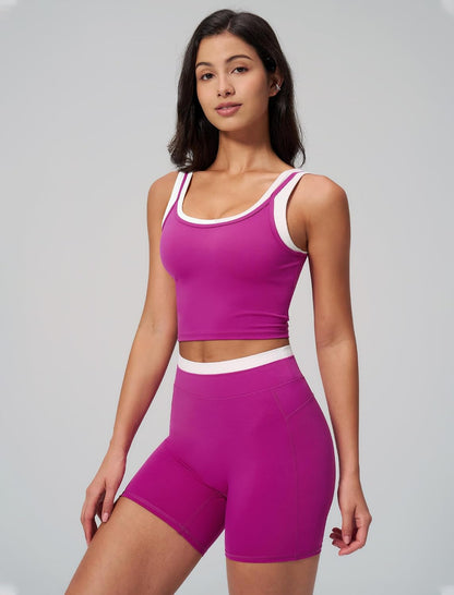 Women 2 Piece Workout Sets Racerback Color Block Tank Top High Waist Tummy Control Shorts Yoga Outfits
