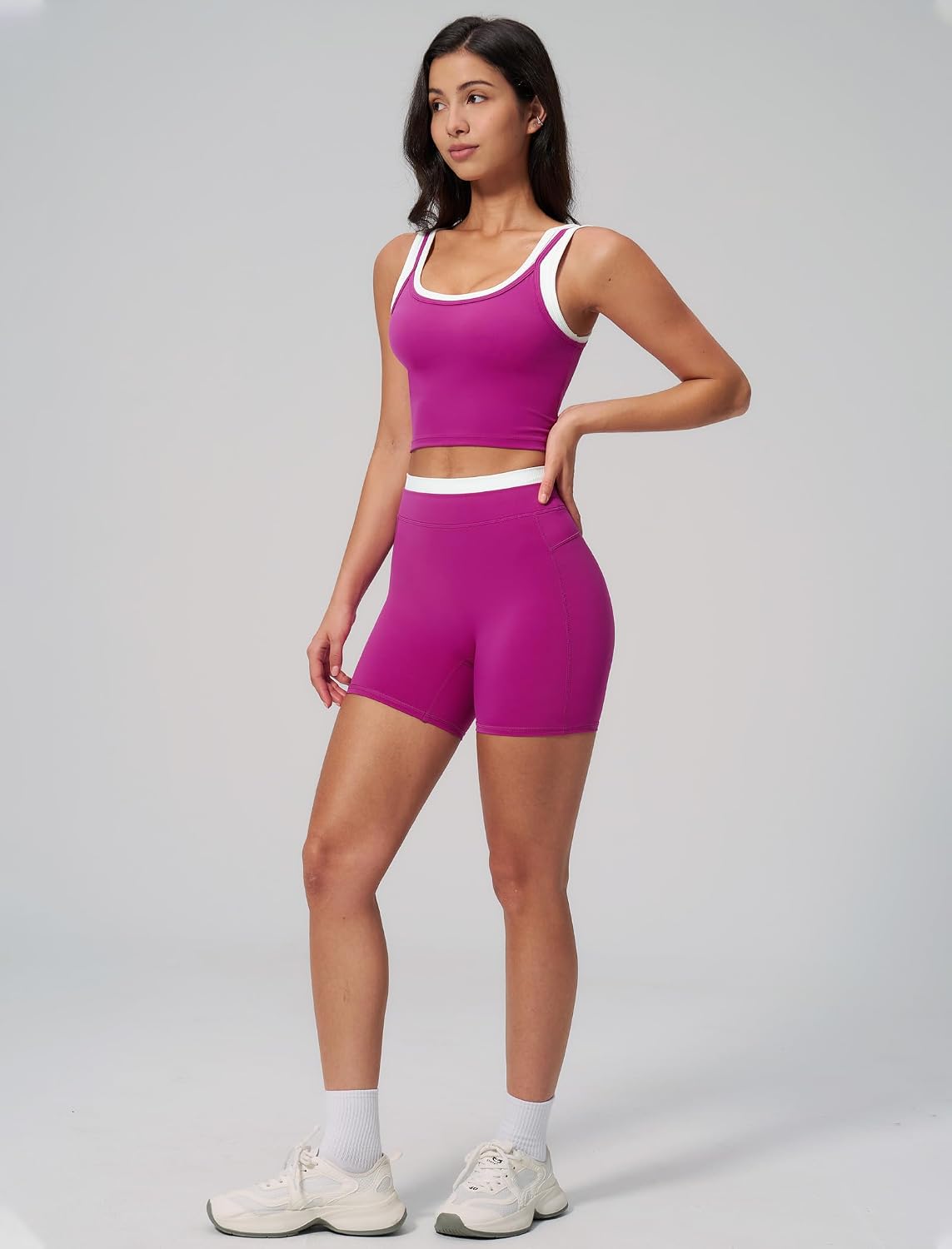 Women 2 Piece Workout Sets Racerback Color Block Tank Top High Waist Tummy Control Shorts Yoga Outfits