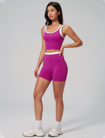 Women 2 Piece Workout Sets Racerback Color Block Tank Top High Waist Tummy Control Shorts Yoga Outfits