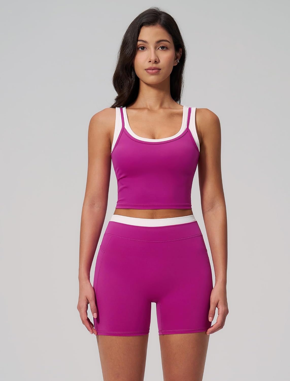 Women 2 Piece Workout Sets Racerback Color Block Tank Top High Waist Tummy Control Shorts Yoga Outfits