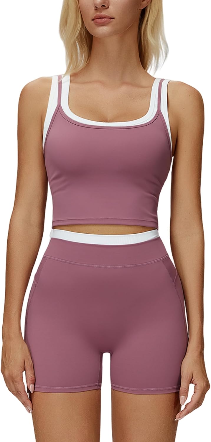 Women 2 Piece Workout Sets Racerback Color Block Tank Top High Waist Tummy Control Shorts Yoga Outfits