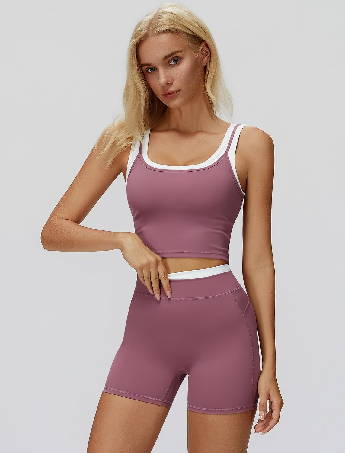 Women 2 Piece Workout Sets Racerback Color Block Tank Top High Waist Tummy Control Shorts Yoga Outfits