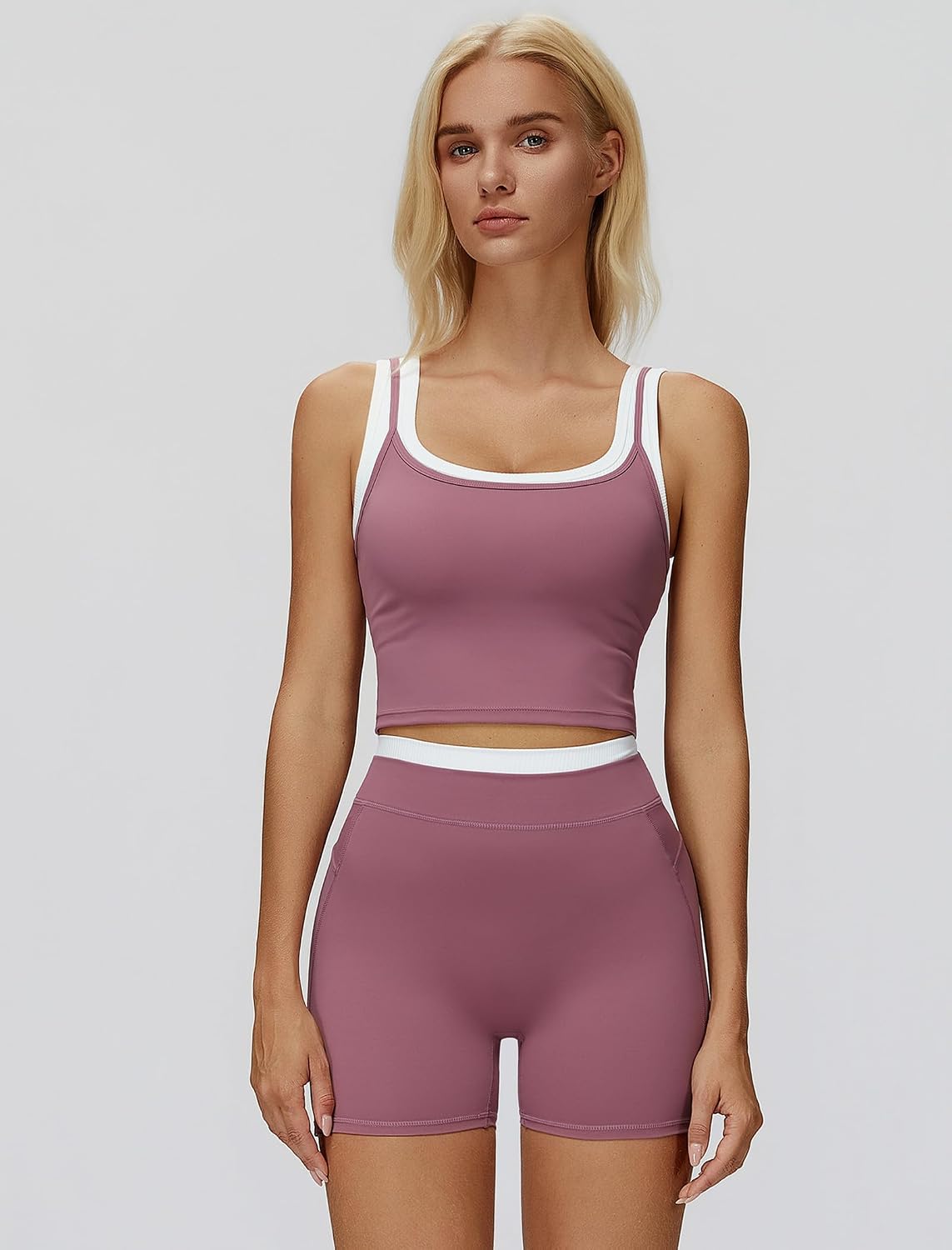 Women 2 Piece Workout Sets Racerback Color Block Tank Top High Waist Tummy Control Shorts Yoga Outfits