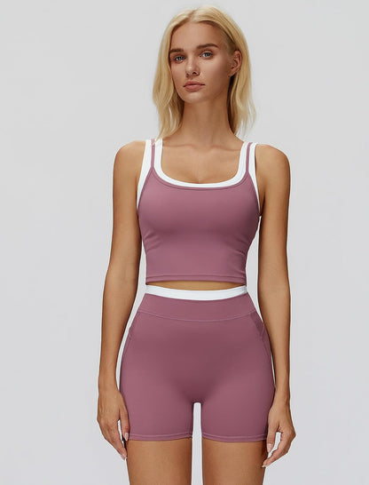 Women 2 Piece Workout Sets Racerback Color Block Tank Top High Waist Tummy Control Shorts Yoga Outfits