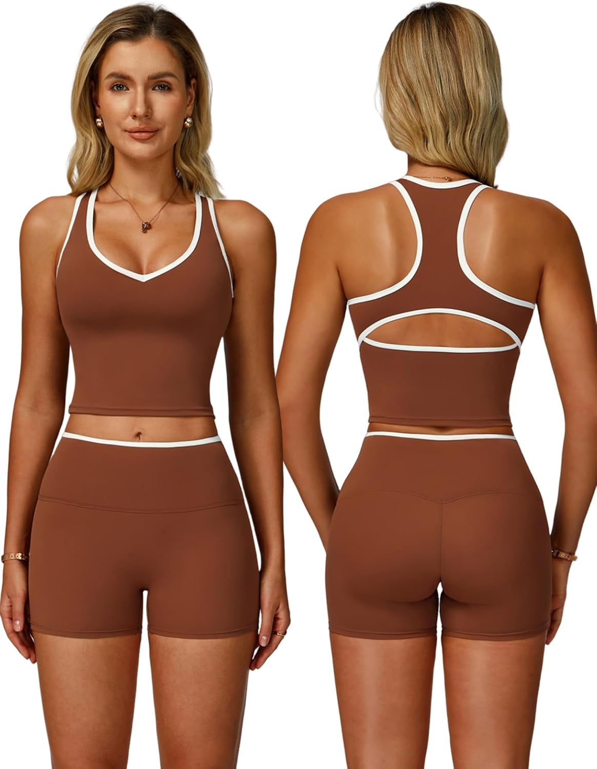 Women 2 Piece Workout Sets Racerback Color Block Tank Top High Waist Tummy Control Shorts Yoga Outfits