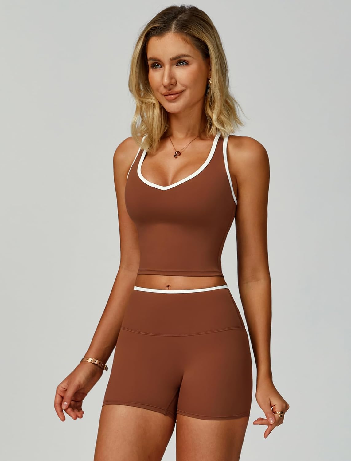 Women 2 Piece Workout Sets Racerback Color Block Tank Top High Waist Tummy Control Shorts Yoga Outfits