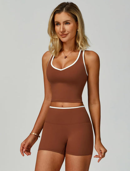 Women 2 Piece Workout Sets Racerback Color Block Tank Top High Waist Tummy Control Shorts Yoga Outfits