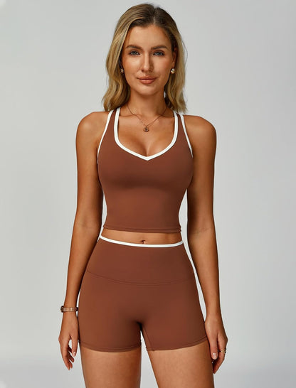 Women 2 Piece Workout Sets Racerback Color Block Tank Top High Waist Tummy Control Shorts Yoga Outfits
