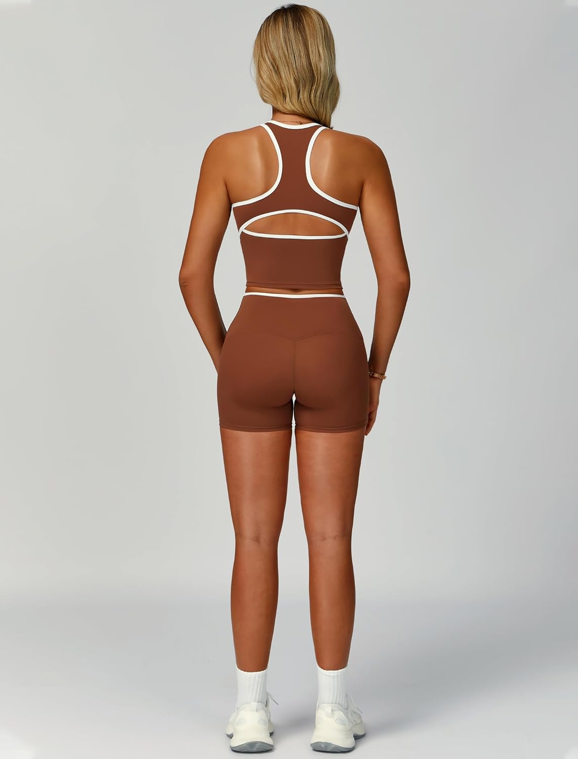 Women 2 Piece Workout Sets Racerback Color Block Tank Top High Waist Tummy Control Shorts Yoga Outfits