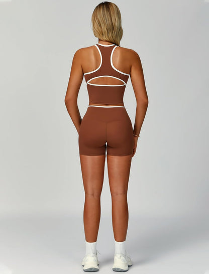 Women 2 Piece Workout Sets Racerback Color Block Tank Top High Waist Tummy Control Shorts Yoga Outfits