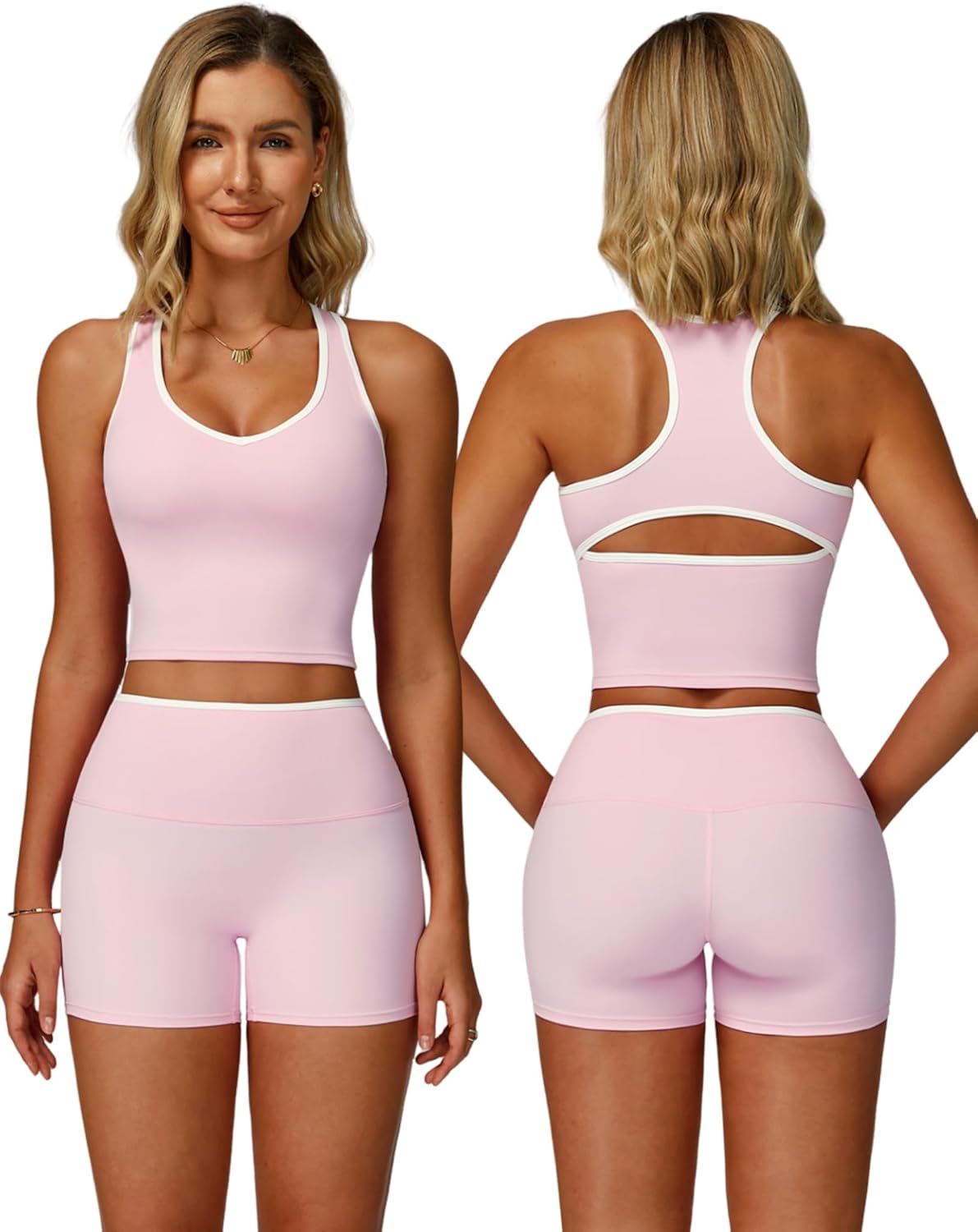 Women 2 Piece Workout Sets Racerback Color Block Tank Top High Waist Tummy Control Shorts Yoga Outfits