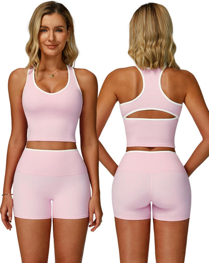 Women 2 Piece Workout Sets Racerback Color Block Tank Top High Waist Tummy Control Shorts Yoga Outfits