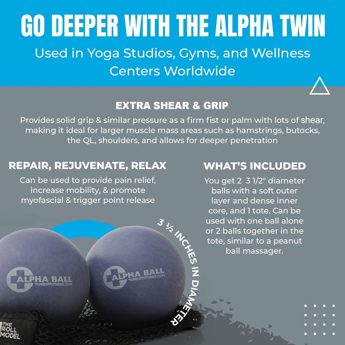 – Alpha Twin Set in Tote | Larger Sized Yoga Massage Therapy Balls | Trigger Point Ball, Myofascial Release and Pain Relief for Upper & Lower Back, IT Band, QL, Hamstrings, Glutes