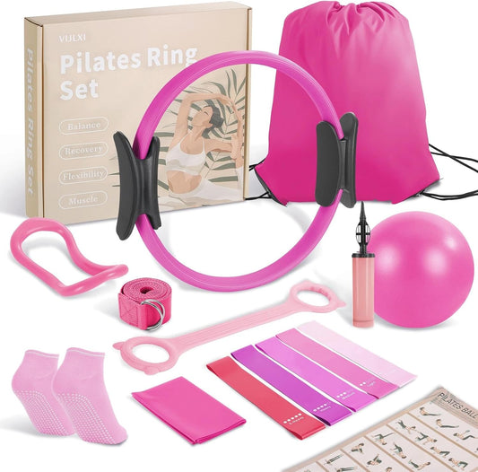 Pilates Kit, Home Pilates Equipment Set with Pilates Ring, Pilates Ball and 5 Resistance Bands, Core Strength Training Workout Kit for Flexibility & Muscle Toning