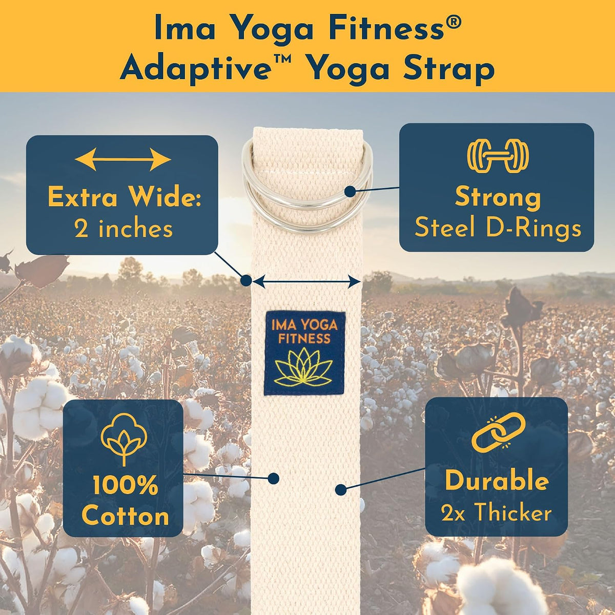 Extra-Wide 2 Inch Cotton Yoga Strap: Stretching, Physical Therapy, Exercise