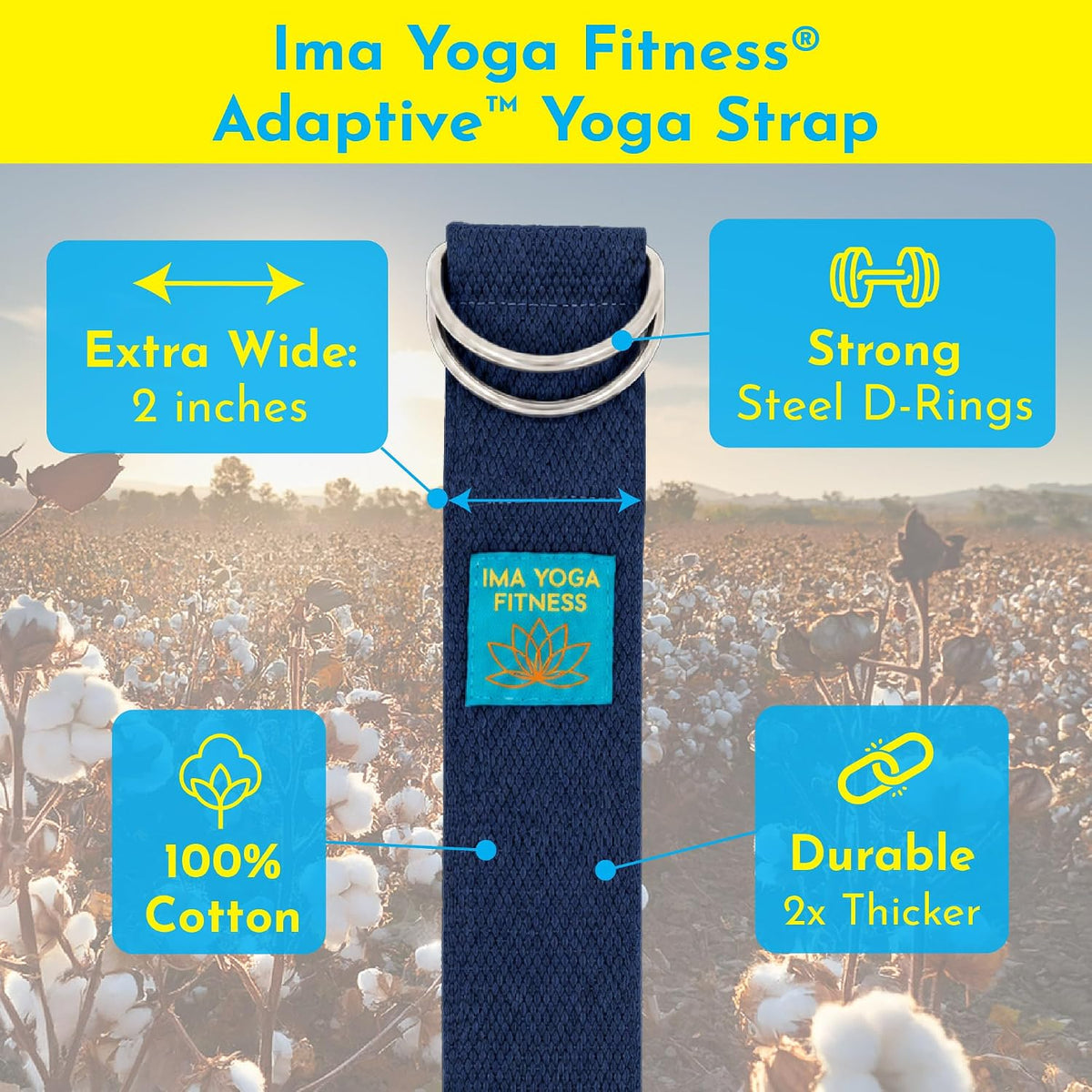 Extra-Wide 2 Inch Cotton Yoga Strap: Stretching, Physical Therapy, Exercise