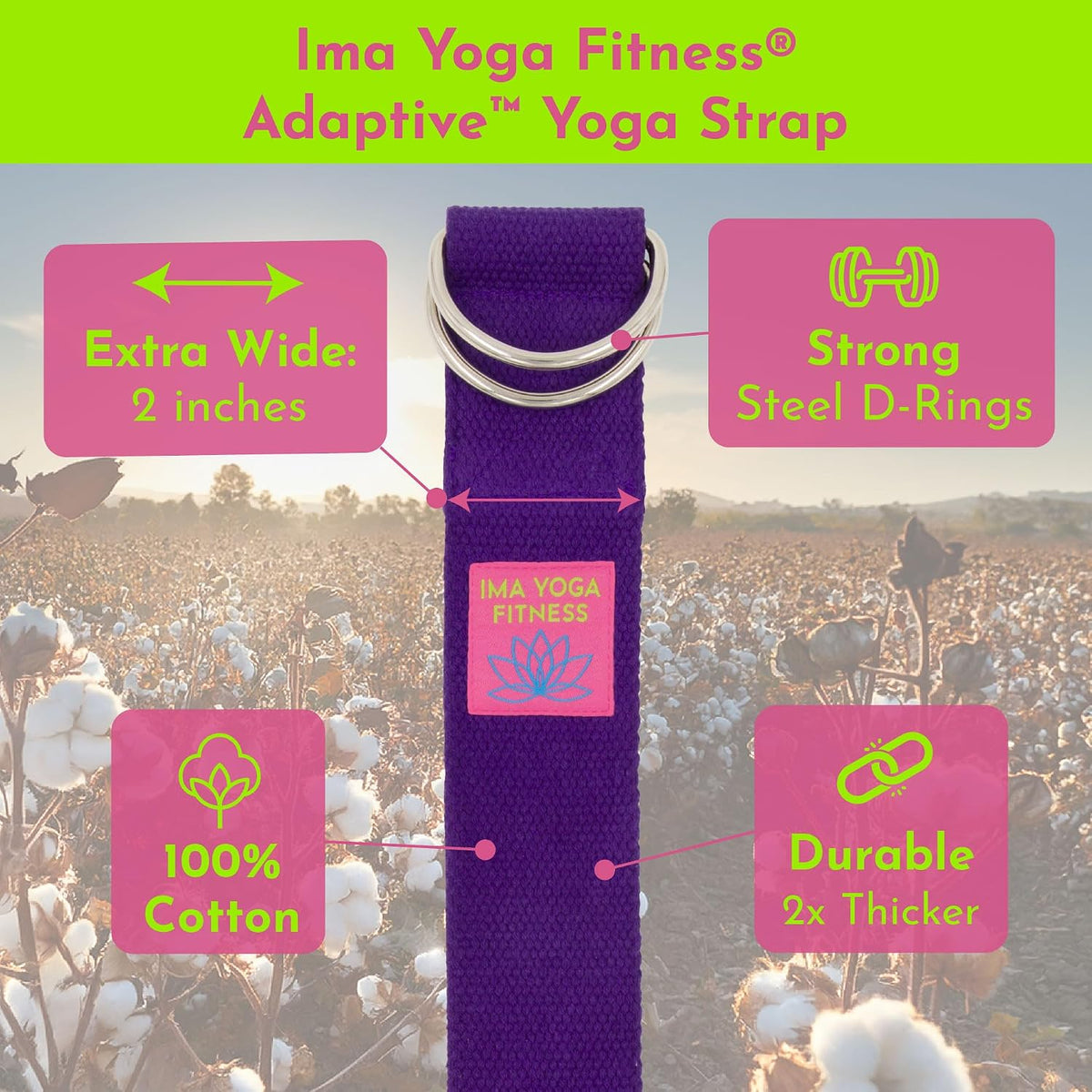 Extra-Wide 2 Inch Cotton Yoga Strap: Stretching, Physical Therapy, Exercise