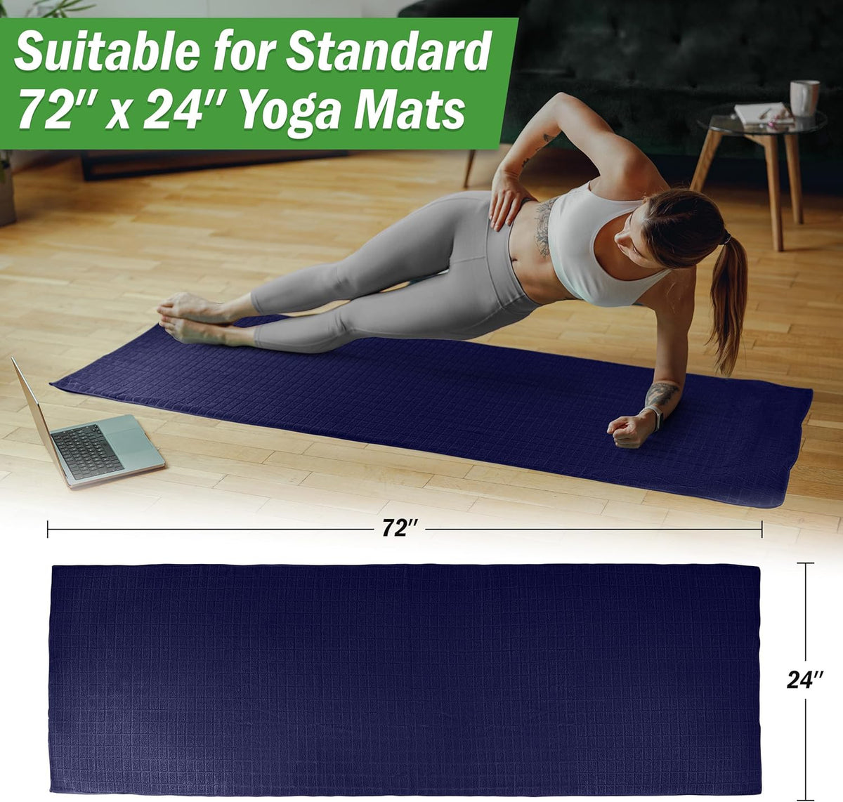 Yoga Mat Towel and Gym Towel Set - 2-Piece Non Slip Set for Hot Yoga, Pilates, and Gym - 72” x 24” Sweat Absorbent and Quick Drying Blanket with Corner Pockets for Mats (Gray)