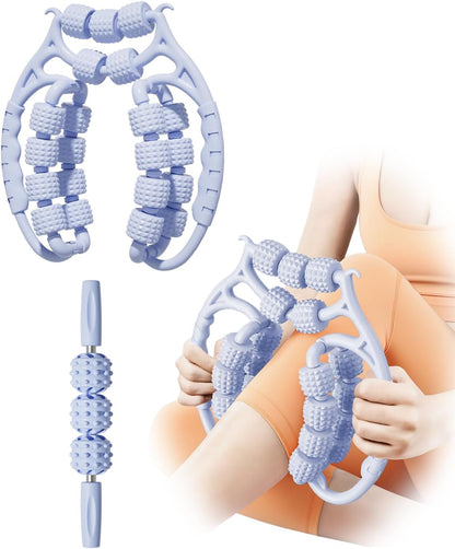 Massage Roller for Legs,21 Wheel Circular Leg Clamp+3 Wheel Massage Roller Stick Lymphatic Massage for Relieve Soreness Stiffness Tight Muscles Deep Tissue-Blue