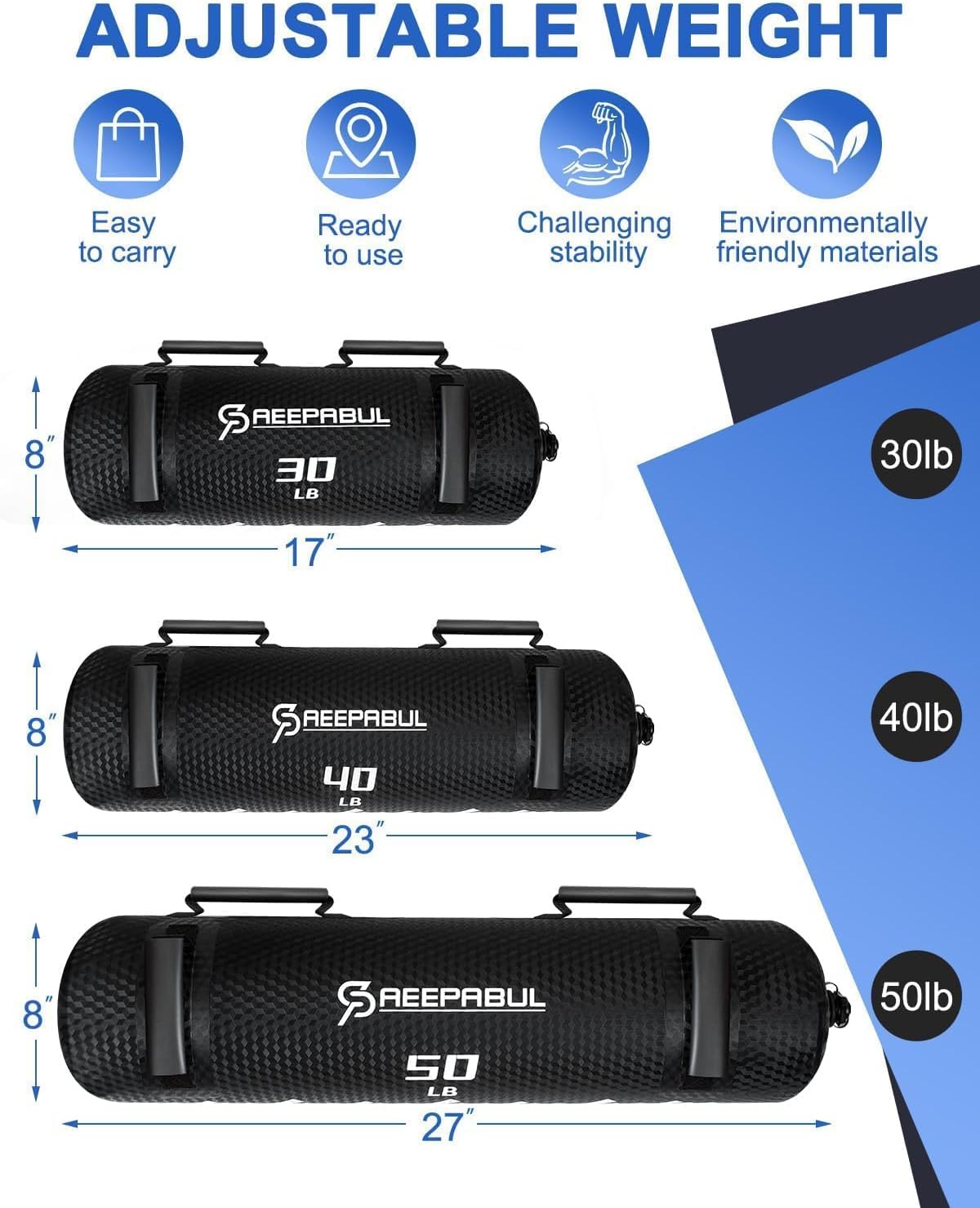 Aqua Bags for Workout 5-45lbs - Ultimate Core Water Weights Aqua Bag - Portable Stability Fitness -Stability, Core and Balance Training - Portable Fitness Equipment - Includes Three Bags