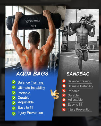Aqua Bags for Workout 5-45lbs - Ultimate Core Water Weights Aqua Bag - Portable Stability Fitness -Stability, Core and Balance Training - Portable Fitness Equipment - Includes Three Bags