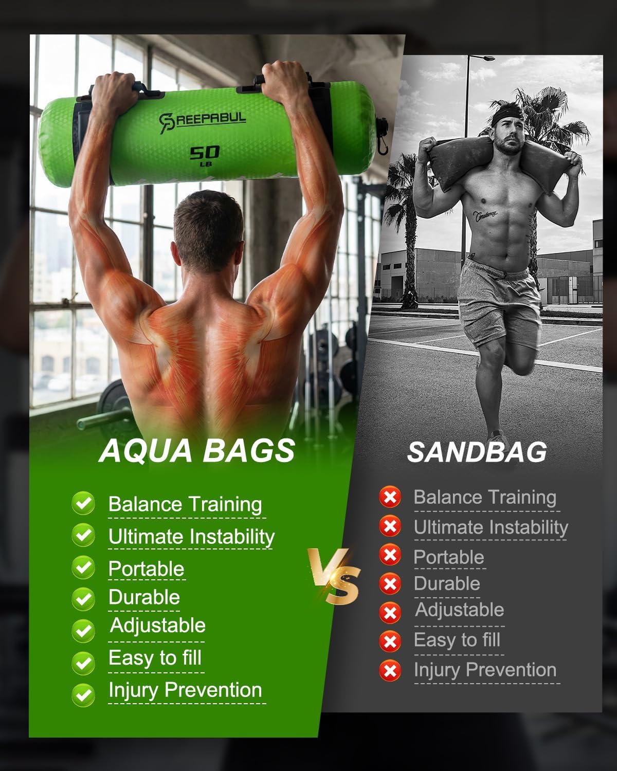 Aqua Bags for Workout 5-45lbs - Ultimate Core Water Weights Aqua Bag - Portable Stability Fitness -Stability, Core and Balance Training - Portable Fitness Equipment - Includes Three Bags