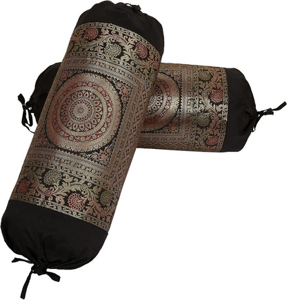 Ethnic Jacquard Brocade Silk Bolster Yoga Rectangular Pillowcase Cover Cylindrical Hotdog Black Tubular Living Room Decorative Mandala Indian Throw Pillowcase 76x38 cm - Set of 2 Pcs