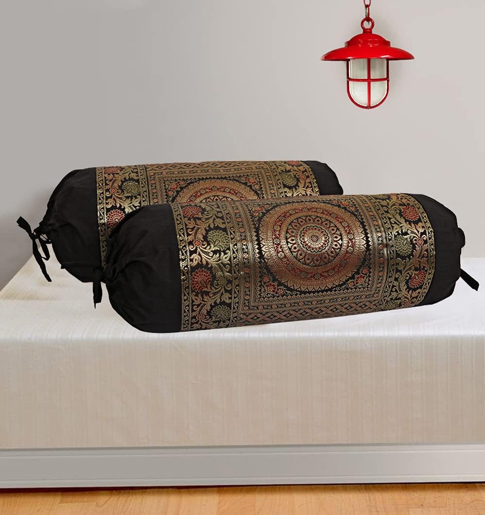 Ethnic Jacquard Brocade Silk Bolster Yoga Rectangular Pillowcase Cover Cylindrical Hotdog Black Tubular Living Room Decorative Mandala Indian Throw Pillowcase 76x38 cm - Set of 2 Pcs