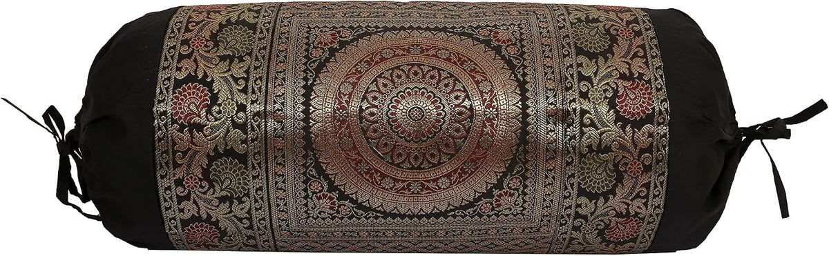 Ethnic Jacquard Brocade Silk Bolster Yoga Rectangular Pillowcase Cover Cylindrical Hotdog Black Tubular Living Room Decorative Mandala Indian Throw Pillowcase 76x38 cm - Set of 2 Pcs