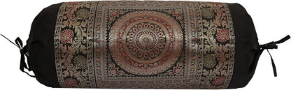 Ethnic Jacquard Brocade Silk Bolster Yoga Rectangular Pillowcase Cover Cylindrical Hotdog Black Tubular Living Room Decorative Mandala Indian Throw Pillowcase 76x38 cm - Set of 2 Pcs